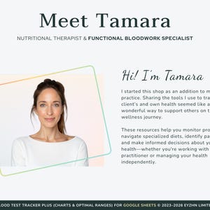 Meet the creator slide featuring Tamara, the designer behind the comprehensive blood test tracker spreadsheet.