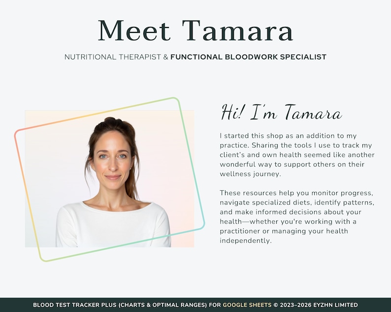 Meet the creator slide featuring Tamara, the designer behind the comprehensive blood test tracker spreadsheet.