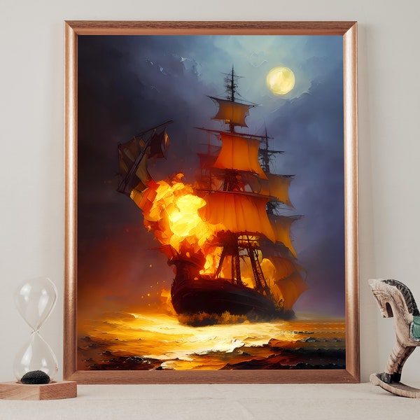 Burning Pirate Ship Wall Art, 18th Century Ship Sails, Printable Pirate Ship, Ship Oil Canvas Painting, Naval Warfare, Sea Battle, Seascape