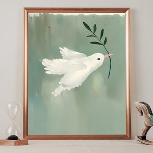 Peace Dove, Olive Branch, Sage Green Wall Art, Dove Of Peace Interior Design, Printable Digital Poster, Minimalist Canvas, Nursery Print