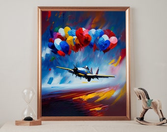 Spitfire Painting, Oil Painting, Colorful Wall Art, Airplane Fighter, Vibrant Poster, Abstract Balloon Art, Printable Digital Wall Art