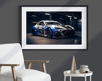 May include: A blue and white race car with the number 97Z on the side, parked in a garage with the lights on.