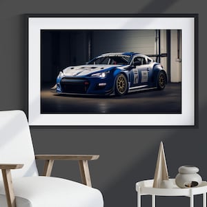 Subaru BRZ azul y blanco en el garaje, Toyota 86, Scion FRS