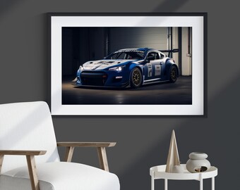May include: A blue and white racing car with a black spoiler and gold wheels. The car is in a garage setting with a spotlight shining on it.
