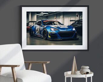 May include: A blue Subaru BRZ race car with the number 55 on the side, parked in a garage. The car has a black front splitter and a large rear wing.