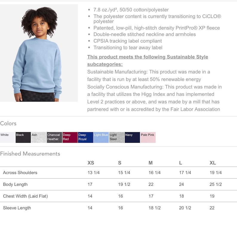 May include: A light blue long-sleeve crewneck sweatshirt made of a 7.8 oz./yd&sup2; cotton and polyester blend. The garment features a high-stitch density fleece construction with double-needle stitched neckline and armholes.