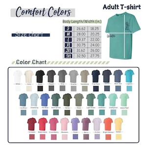 May include: A teal adult t-shirt with a size chart and color chart. The size chart shows body length and width in inches for sizes S to 3XL. The color chart displays various t-shirt colors, including white, black, and blue.