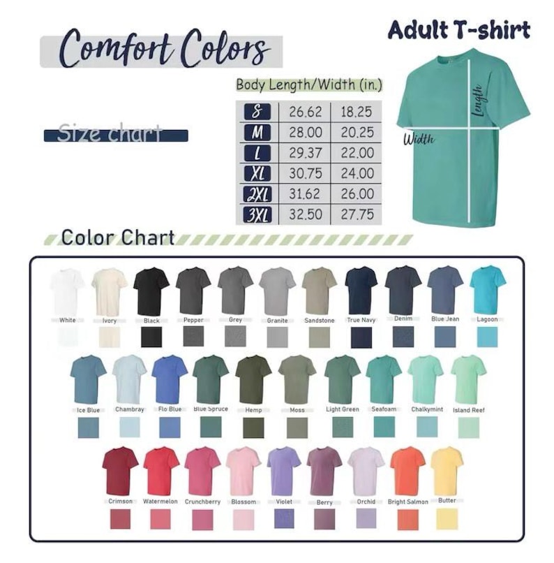 May include: A teal adult t-shirt with a size chart and color chart. The size chart shows body length and width in inches for sizes S to 3XL. The color chart displays various t-shirt colors, including white, black, and blue.