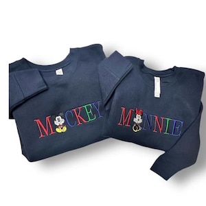 Minnie Mouse or Mickey Mouse Sitting Spellout Character Embroidered Crewneck Sweatshirt, Disney Sweater, Matching Couple or Friend