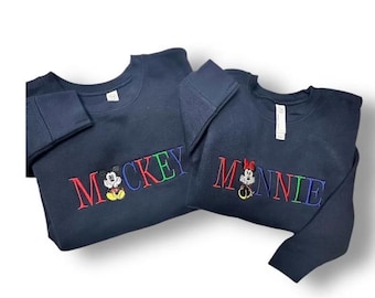 Minnie Mouse or Mickey Mouse Sitting Spellout Character Embroidered Crewneck Sweatshirt, Disney Sweater, Matching Couple or Friend