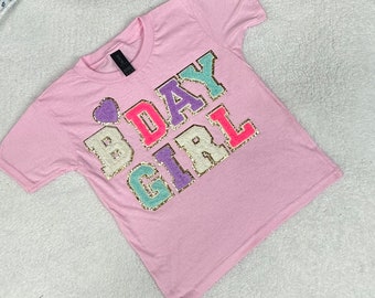 Birthday Girl Chenille Patch T-Shirt, Toddler Tee, Youth T-Shirt, Varsity Letter Initial Shirt for Kids, Birthday Gift