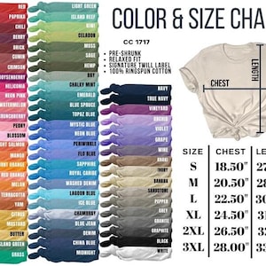 May include: Color and size chart for t-shirts, featuring a variety of colors and size measurements. The chart includes a beige t-shirt with chest and length measurements in inches. The color options are displayed as swatches.