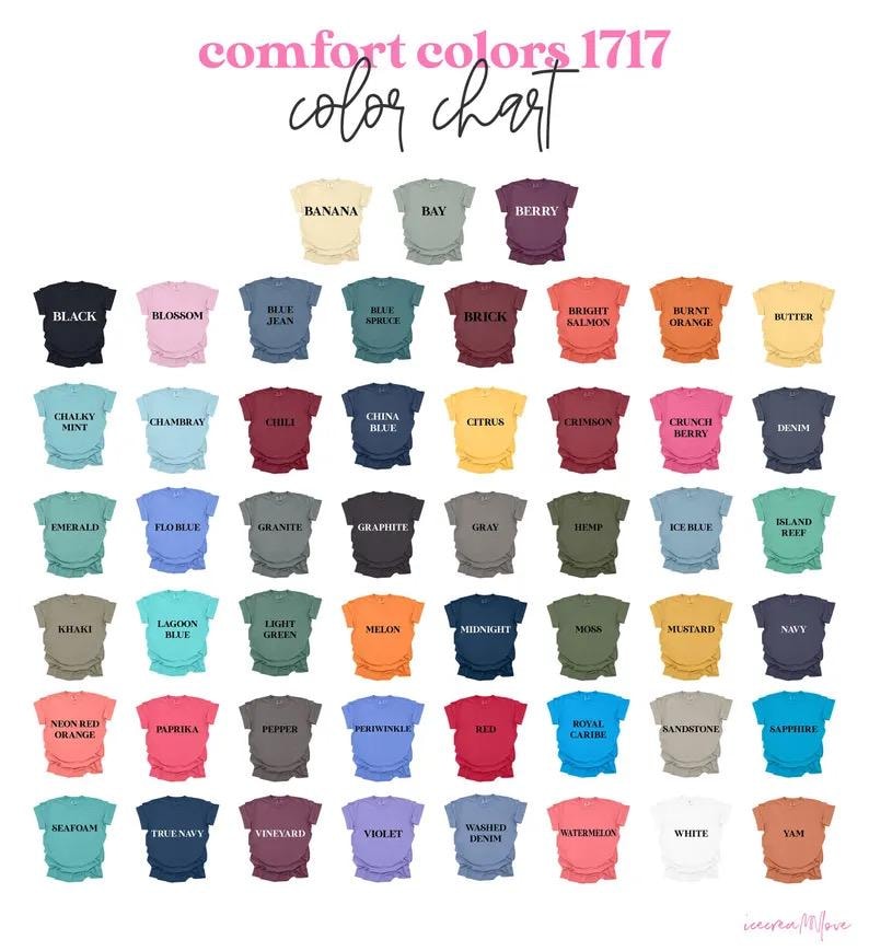 May include: A color chart featuring a variety of t-shirt colors, including black, blue, pink, and yellow. The text "comfort colors 1717 color chart" is at the top. Each color is labeled with its name.