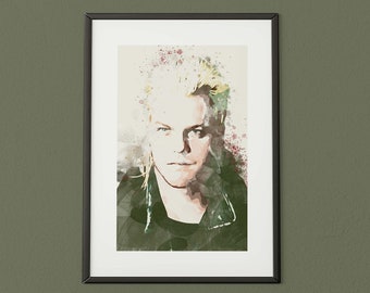 May include: A framed watercolor painting of a person with blonde hair and a serious expression. The person is wearing a black leather jacket and a black shirt. The background of the painting is a light beige color with splashes of pink and green.