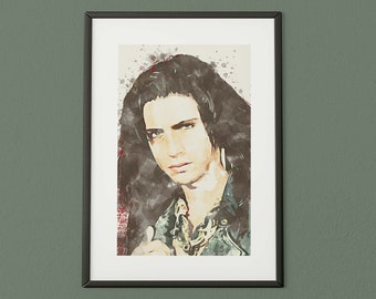 May include: A framed watercolor painting of a person with long dark hair. The person is wearing a dark jacket and a necklace. The background is a light green color.