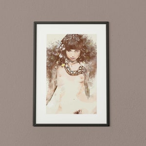 May include: A watercolour painting of a woman with long dark hair wearing a snake necklace. The background is a soft brown colour.
