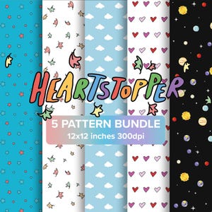 May include: A digital download of 5 seamless patterns in a bundle. The patterns include stars, leaves, clouds, hearts, and planets. The patterns are 12x12 inches and 300dpi. The text "HEARTSTOPPER 5 PATTERN BUNDLE 12x12 inches 300dpi" is displayed on the image.