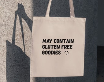 May Contain Gluten Free Goodies, Gluten Free Goodies, Tote Bags, Funny Tote Bags, Novelty Gifts, Shopping Bags, Canvas Bags, Reusable Bags