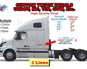 USDOT - MC - GVW - Truck Registration Decal - Three Line - 12" to 20" Wide -  (Set of 2) Fleet Registration - Company Truck - Company Name