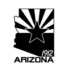 May include: Black and white silhouette of the state of Arizona with a star and sun rays in the centre. The text "1912 ARIZONA" is below the silhouette.