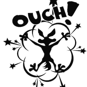 May include: Black and white illustration of a cartoon character with a star above its head, surrounded by exploding stars and the word "OUCH!" in large letters.