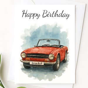 Carte d'anniversaire de voiture classique - Nom personnalisé pour grand-père, papa ou tout autre destinataire - Carte de voeux de voiture ancienne pour lui - Option personnalisée