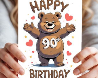 Jolie carte d'anniversaire 90e - Ours dans ses bras dessiné à la main « 90e » - carte d'anniversaire « Happy Top 90e » ludique - carte d'anniversaire amusante et originale pour lui/elle