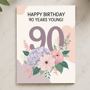 Pastel Floral 90th Birthday Card, Personalised Handmade Card for Grandma, Mum, Nan, Milestone Birthday Gift, 90 Years Young