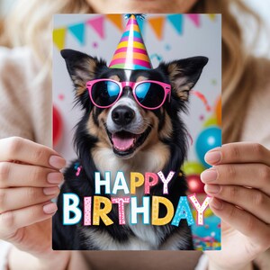Cartão de aniversário Border Collie - Chapéu e óculos de sol divertidos para festa de cachorro - Perfeito para amantes de cães