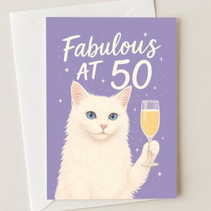 Biglietto di auguri per il 50° compleanno – Biglietto di auguri per il compleanno di un gatto di 50 anni per lei – Divertente biglietto di auguri per un traguardo importante per donne, mamme, sorelle o amiche