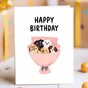 Biglietto di auguri di buon compleanno con bouquet di cani, biglietto di auguri per amanti dei cani, biglietto con cane carino, biglietto d'auguri a tema cane, auguri di compleanno