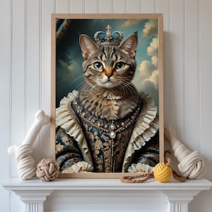 May include: A tabby cat wearing a gold crown and a blue and gold dress with a pearl necklace. The cat is looking directly at the viewer. The background is a blue and gold painting.