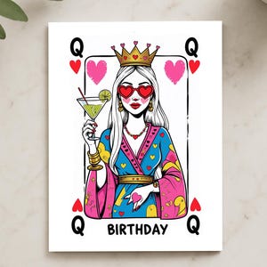 Carte d'anniversaire pour meilleure amie, maman et soeur - « Birthday Queen », carte de reine de coeur, carte d'anniversaire stimulante pour elle, cadeau fantaisiste pour femme