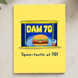 Divertente biglietto di auguri per il 70° compleanno per lui o per lei con design a forma di lattina di spam – Scatola di latta retrò DAM 70, papà, nonno, nonna, nonna, fratello, sorella