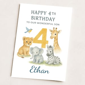 Biglietto di auguri personalizzato per il 4° compleanno di un bambino/figlio, nipote, fratello/animali del safari nella giungla/biglietto con nome personalizzato per bambini