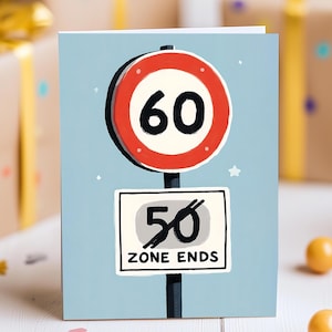 Grappige 60e verjaardagskaart - bord met maximumsnelheid '60 zones eindigt' - Minimalistisch mijlpaalcadeau voor moeder, vader of grootouder