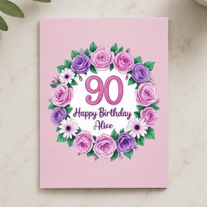 Personalised 90th Birthday Card for Women - Floral Wreath Card, Elegant 90th Birthday Card for Her, Custom Gift for Mum or Grandma