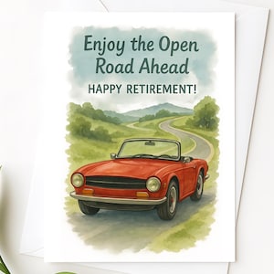 Carte de départ pour voiture de tourisme classique - Cabriolet rouge - « Profitez de l'avenir » - Carte de départ en retraite pour lui - Voeux de style vintage