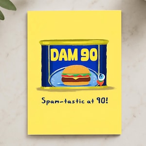 Funny 90th Birthday Card with spam Retro Tin Design for Nan, Grandad, Mum