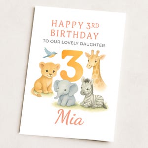 Carte d'anniversaire personnalisée pour fille | fille, petite-fille, nièce | Thème animal safari dans la jungle | Nom personnalisé souvenir