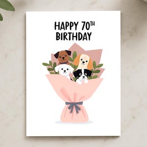 "70er Geburtstagskarte - Hundestrauß ""Happy 70th Birthday"" Karte, Einzigartige Meilenstein Geburtstagskarte für Oma Opa Freund."