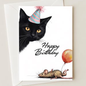 Carte d'anniversaire drôle de chat noir avec la souris morte et le ballon, carte de voeux d'amant de chat d'humour noir, cadeau d'anniversaire de chat sarcastique pour des amis