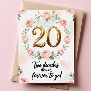 Carte 20e anniversaire - Design floral élégant pour les couples, carte de voeux romantique, parfaite pour une célébration d'un jalon important et l'amour