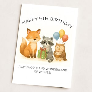 Biglietto di auguri personalizzato per il 4° compleanno di una bambina / Tema animali del bosco / Figlia, nipote, nipote / Volpe, procione, gufo / Biglietto personalizzato per bambini