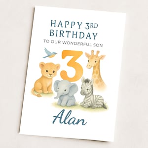 Carte d'anniversaire personnalisée pour garçon | Fils, petit-fils, neveu | Thème animal safari dans la jungle | Carte de visite personnalisée