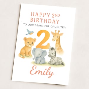 Biglietto di auguri personalizzato per il 2° compleanno di una bambina/figlia, nipote/tema animali safari nella giungla/biglietto con nome personalizzato per bambini