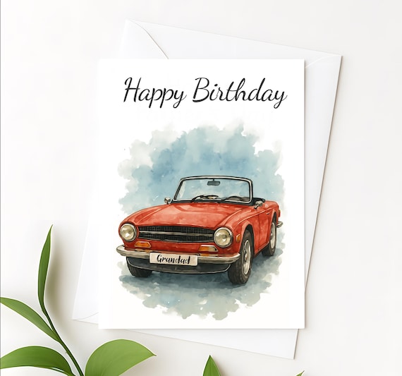 Personalized Classic Red Car Birthday Card: Vintage Watercolor
