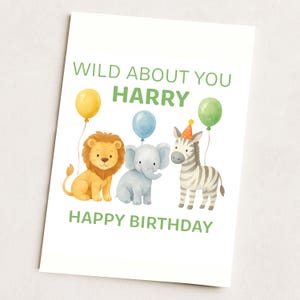 Biglietto d'auguri personalizzato per il 3°, 4°, 5° e 6° compleanno per ragazzo/figlio, nipote, fratello, bambini/leone, elefante, zebra, safari, animali, natura selvaggia