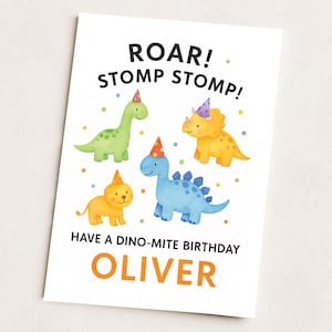 Biglietto di auguri di compleanno personalizzato a tema dinosauro per bambino / 3°, 4°, 5° compleanno / Figlio, nipote / Bambini / Dinosauro, T-Rex, Triceratopo