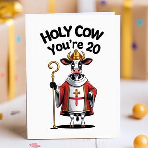 Carte 20e anniversaire - Vache sacrée, vous avez 20 ans - Carte drôle de bâillon vache évêque dessin animé pour lui ou elle